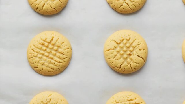 Freshly baked peanut butter cookies with classic crisscross pattern cooling on parchment paper for a homemade dessert concept