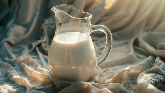 Video A pitcher filled with milk sits on top of a bed, ready for use
