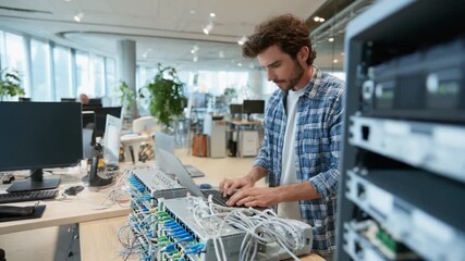 Network Technician at Work: A skilled network technician intently focuses on data cables within a server room, his expertise on full display amidst the digital infrastructure. - Powered by Adobe