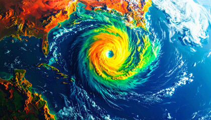 Thermal satellite image of a hurricane over the ocean, taken from a very high angle.