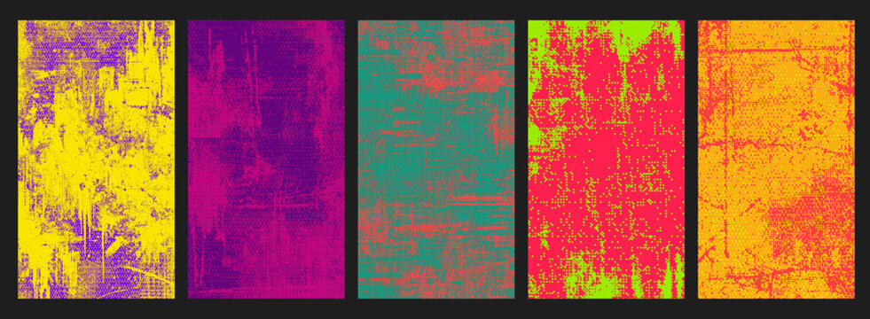 Pixel Urban Punk Textures with Distressed Grunge, Halftone Dot Pattern and Neon Graffiti Set Vector