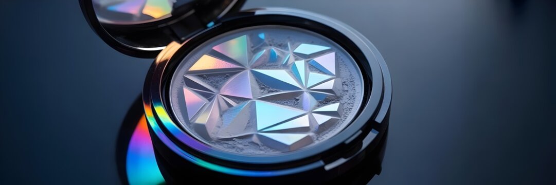 Open black compact with luminous silver and blue holographic powder – Luxury aesthetics. - Powered by Adobe