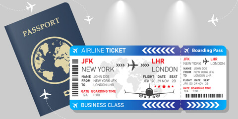 Realistic modern boarding pass design for Airline flight with detailed information. passport Blue airplane ticket design