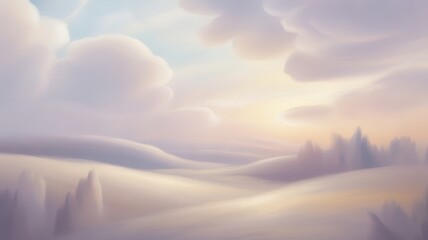 Dreamy ethereal landscape with soft pastel sky and rolling hills