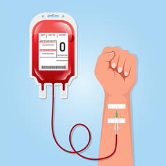 Blood bag with medical sign and hand arm vector illustration. Blood donation concept. Save life, World blood donor day June 14