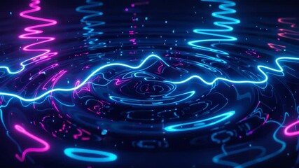 Dynamic neon glowing waveforms pulsating on a dark liquid surface for a data visualization concept and digital technology background - Powered by Adobe