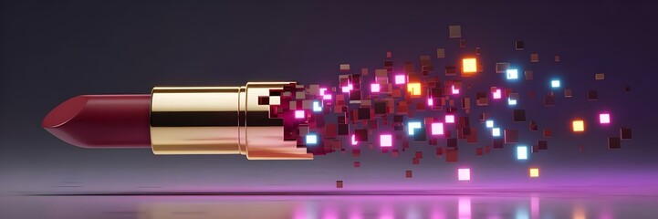 Crimson lipstick transforming into glowing neon pixel fragments – Ideal for cyber aesthetics, beauty technology, or digital art.