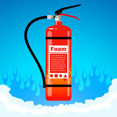 Red fire extinguisher with foam for suppressing fire in buildings