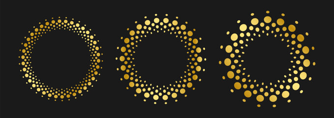 Halftone circular dotted frames gold set Vector abstract design element