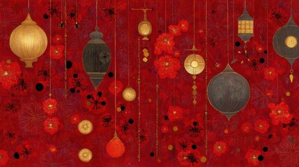 Vibrant Red Background With Decorative Lanterns and Cherry Blossoms Create a Festive Cultural Atmosphere for Celebrations