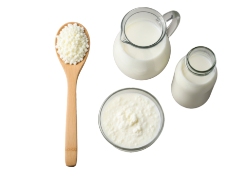 Wooden spoon with white kefir grains, glass bowl of homemade kefir, milk pitcher & bottle, on beige surface against transparent background, diffused light, concept of healthy probiotics