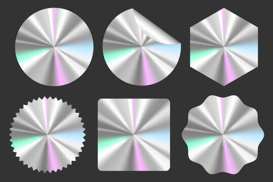 Set of realistic silver holographic stickers, quality emblems, labels, original product stamps, premium quality symbol of official product guarantee with different shapes. Vector illustration