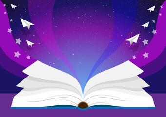 Open magic book, Concept of reading and literature. Education and knowledge vector concept. Banner books concept.