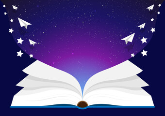 Open magic book, Concept of reading and literature. Education and knowledge vector concept. Banner books concept.