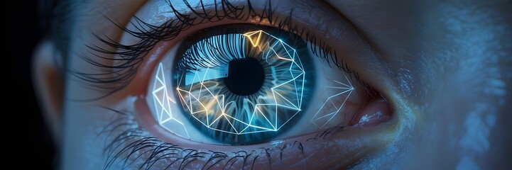 Hyper-realistic eye close-up with geometric digital reflections – Suitable for AI, virtual reality, or digital identity themes.
