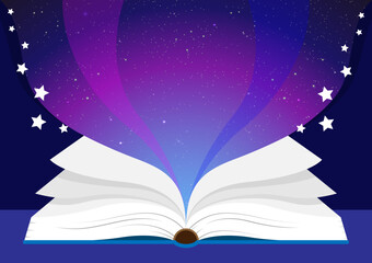 Open magic book, Concept of reading and literature. Education and knowledge vector concept. Banner books concept.