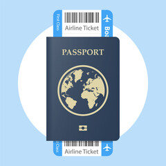 Plane ticket and passport for holiday vacation travelling elements. Vector Illustration.