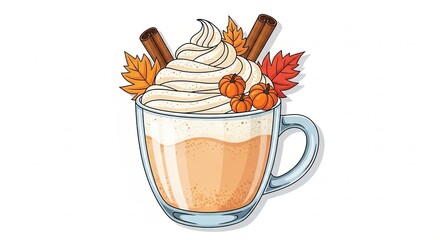 Delicious pumpkin spice latte with whipped cream and cinnamon sticks for autumn vibes and seasonal enjoyment on a white background