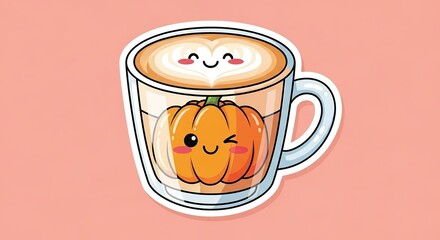Cute pumpkin spice latte in a clear mug with a smiling face and heart shaped latte art on a pink background perfect for autumn designs