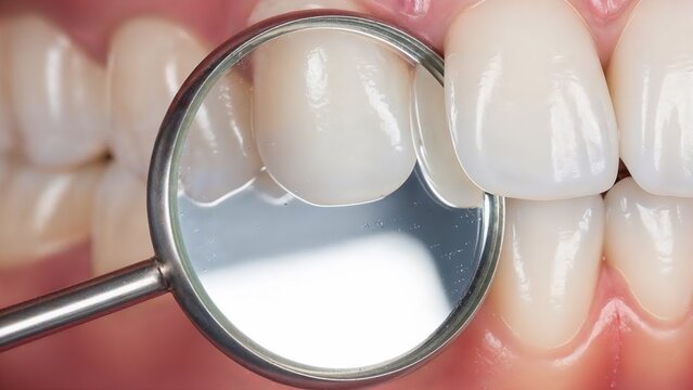 Close-up of healthy teeth examined with dental mirror for International Dentist Day  