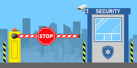 Security gate with guard posts and CCTV monitor, guarding the entrance to the most important offices in the nation's capital. Cartoon design vector illustration