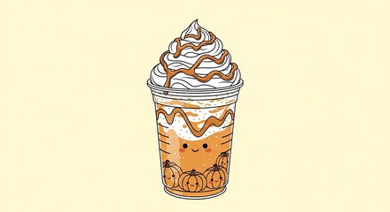 Cute pumpkin spice latte illustration with whipped cream and caramel drizzle on a light yellow background perfect for autumn designs