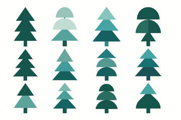 Fototapeta premium Geometric winter tree collection featuring layered triangles and circles in simple clean flat vector arrangement