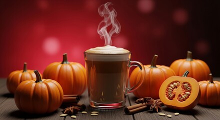 Steaming pumpkin spice latte surrounded by pumpkins cinnamon sticks and star anise on a wooden table against a red backdrop for fall vibes