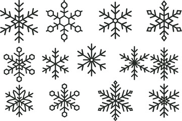 Abstract geometric snowflake symbols constructed with radial polygon shapes in clean flat vector style