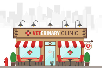 Veterinary Clinic building Exterior In Flat Vector Illustration Symbolizing Pet Healthcare, Animal Services, And Modern Facilities, Isolated On White Background