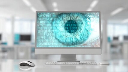 Surveillance Eye on Screen: An eye dominates the screen of a computer monitor, with binary code forming the iris, suggesting the concept of surveillance and data monitoring.