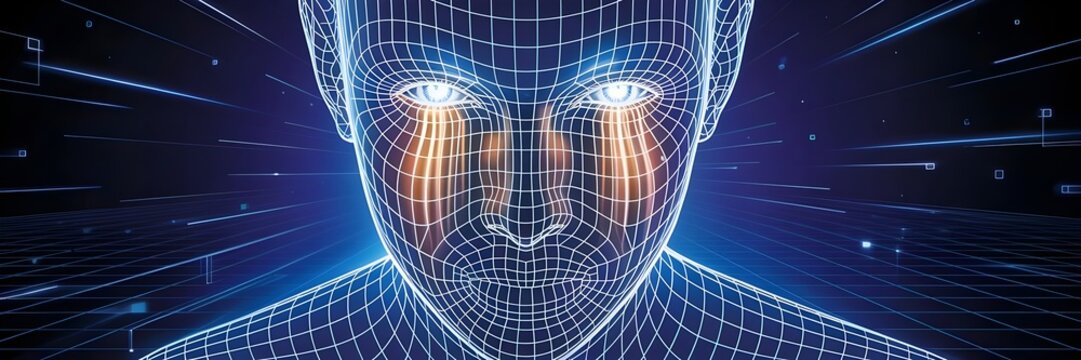 Face sculpted from intersecting light grids with golden light particle flow – Suitable for transcendence, data visualization, or future humanity concepts.