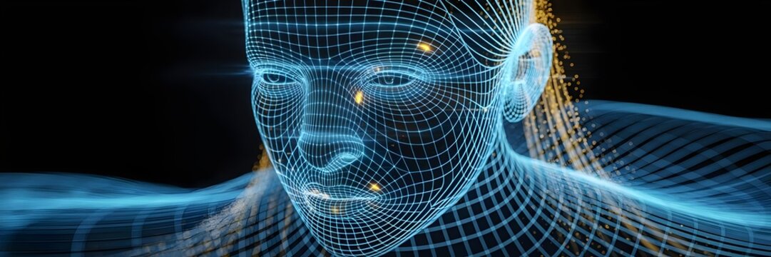 Human face emerging from electric blue light grids symbolizing renewal – Perfect for technology, human connection, or digital art. - Powered by Adobe