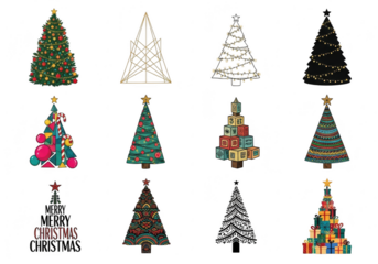 Collection of diverse christmas trees isolated on transparent background