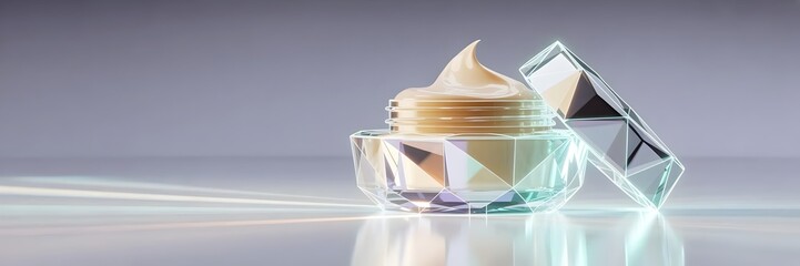 Geometric jar of face cream constructed from glowing transparent polygons – Great for 3D rendering, modern art aesthetics, or high-tech cosmetic branding.