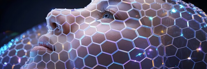 Luminous hexagonal grid of skin texture with holographic light – Ideal for futuristic beauty interfaces, clinical dermatology, or sci-fi wellness technology.