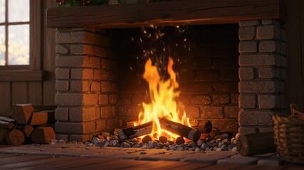 Cozy fireplace with burning logs and flickering flames in a rustic brick hearth for winter holiday comfort concept and inviting atmosphere - Powered by Adobe