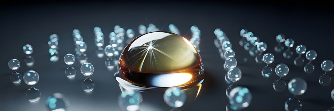 Golden serum droplet surrounded by floating bioluminescent spheres – Excellent for luxury cosmetic campaigns, scientific illustration, or cutting-edge wellness visuals.