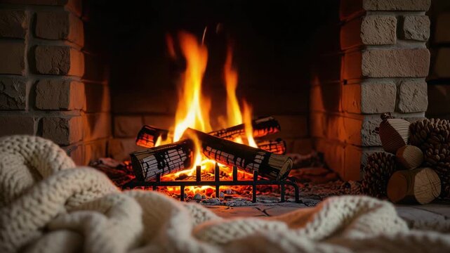 Cozy glowing fireplace with burning logs and a soft knit blanket, creating a warm ambiance for a winter comfort concept and relaxing home atmosphere