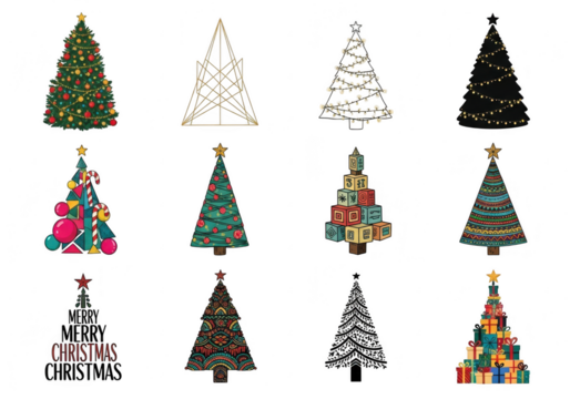 Collection of diverse christmas trees isolated on transparent background