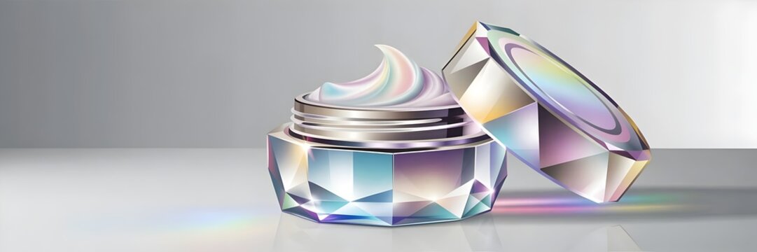 Faceted jar of cream made of luminous crystal-like polygons – Ideal for abstract product photography, minimalist beauty concepts, or sculptural design.