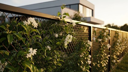 Modern metal mesh fence decorated with white flowering vines under warm sunset light creating a soft natural look.  
