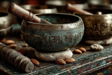 Close-up of brass singing bowls with stone, almonds, and wooden pestle for meditation and wellness imagery