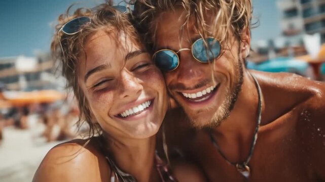 A joyful couple shares a sunny moment, embracing on a crowded beach - Powered by Adobe