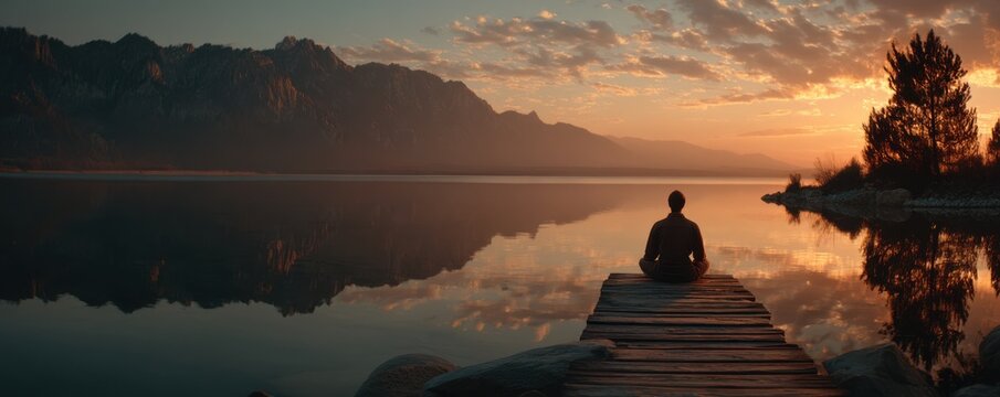 Man meditating on a wooden dock at sunset beside a tranquil lake and mountains