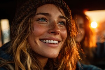 Bright smile of a young woman in a warm sunset backseat, a carefree travel vibe