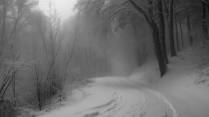 Ethereal snow-covered forest path shrouded in thick winter fog