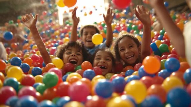 Playful Plunge: A group of children ecstatically enjoys a vibrant ball pit, diving into a sea of colorful spheres in a moment of pure, unadulterated joy.