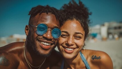 Joyful couple with sunglasses and freckles smiling at beach - Powered by Adobe