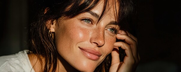 Obraz premium Portrait of a smiling woman with dark brown hair and freckles in natural light